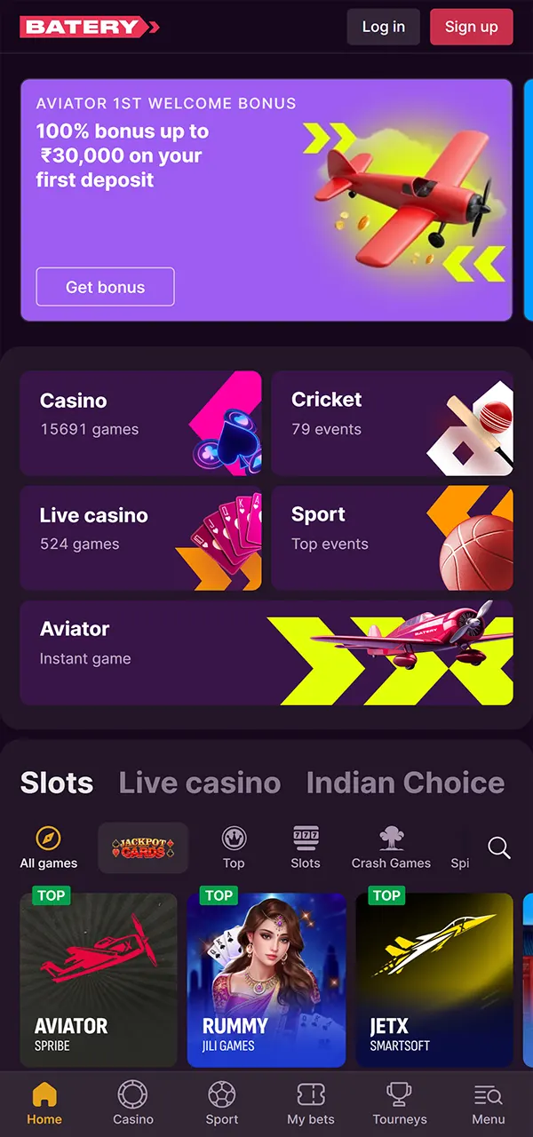 Choose Batery Casino to play Aviator.